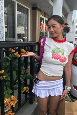 Raspberry Print Red Lace Trim Short Sleeve Top - Slim Fit Pure Cotton Women's Korean Style Fashion