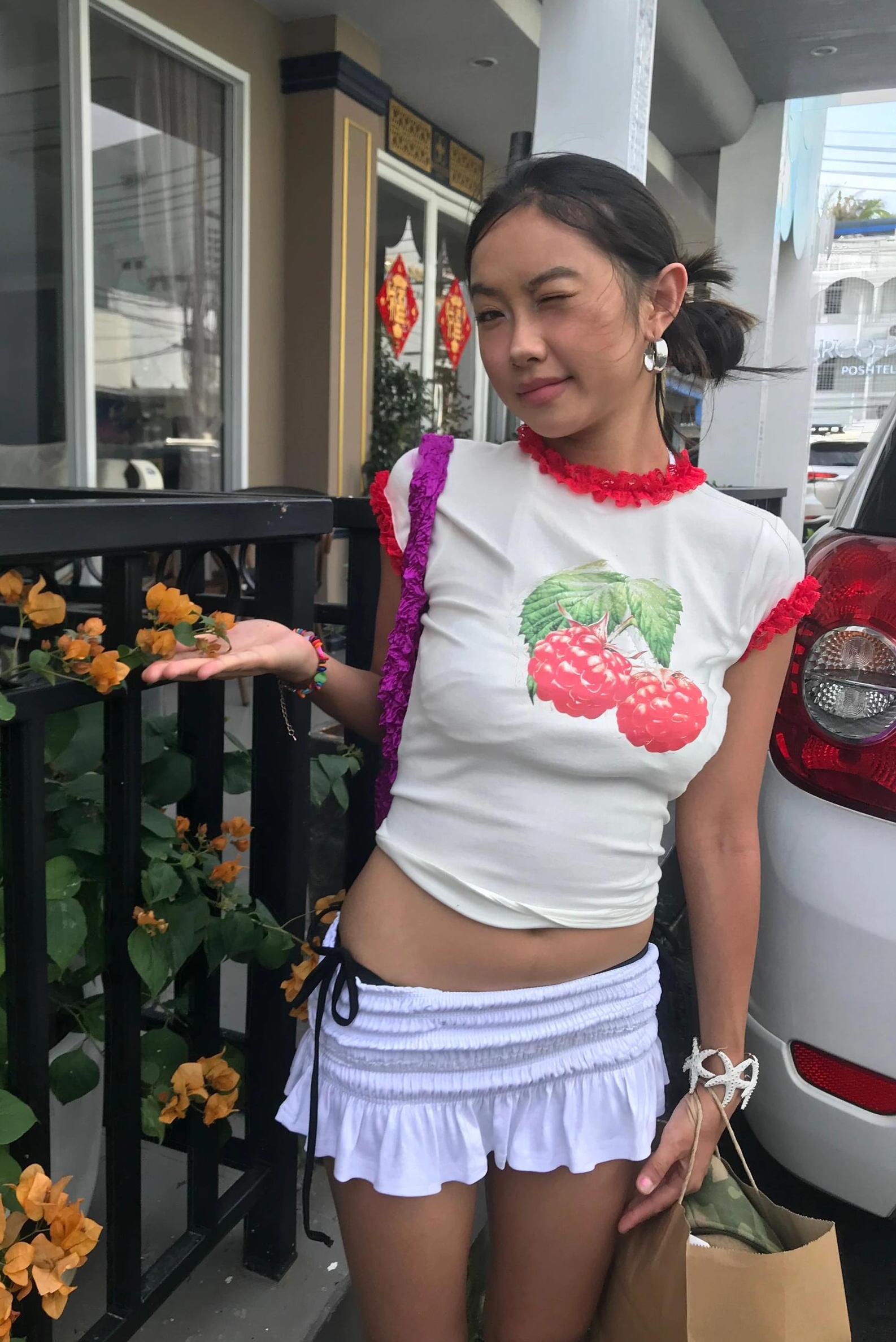 Raspberry Print Red Lace Trim Short Sleeve Top - Slim Fit Pure Cotton Women's Korean Style Fashion