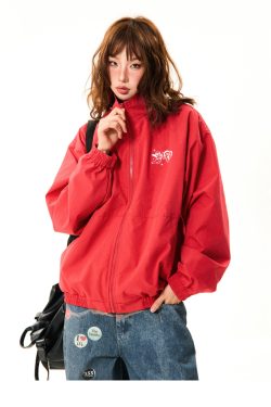 Red American Retro Letter Print Work Jacket for Women - Loose Fit Versatile Spring Jacket in Casual Style