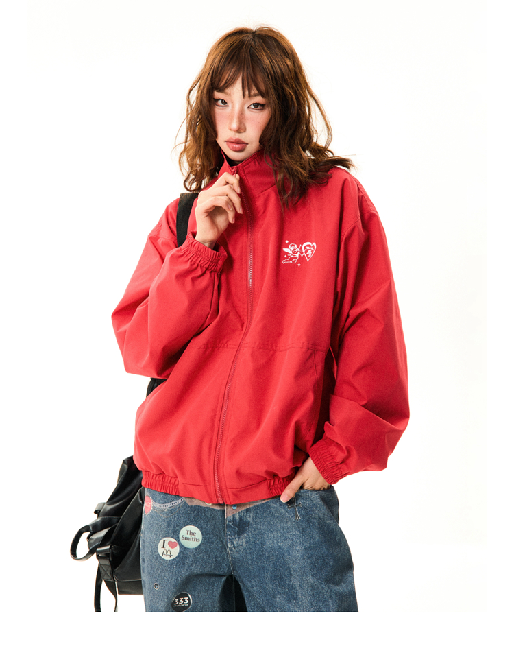 Red American Retro Letter Print Work Jacket for Women - Loose Fit Versatile Spring Jacket in Casual Style Red American Retro Letter Print Work Jacket for Women - Loose Fit Versatile Spring Jacket in Casual Style