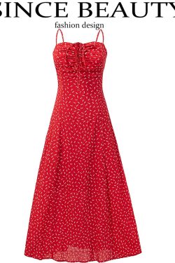 Red Floral Spaghetti Strap Dress for Women - 2025 Summer Ruffled Beach Vacation Dress in 90s Style