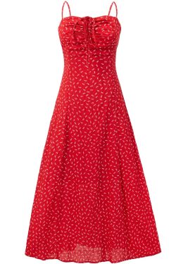 Red Floral Spaghetti Strap Dress for Women - 2025 Summer Ruffled Beach Vacation Dress in 90s Style