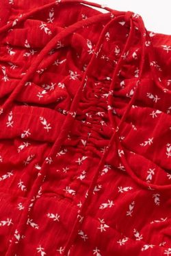 Red Floral Spaghetti Strap Dress for Women - 2025 Summer Ruffled Beach Vacation Dress in 90s Style