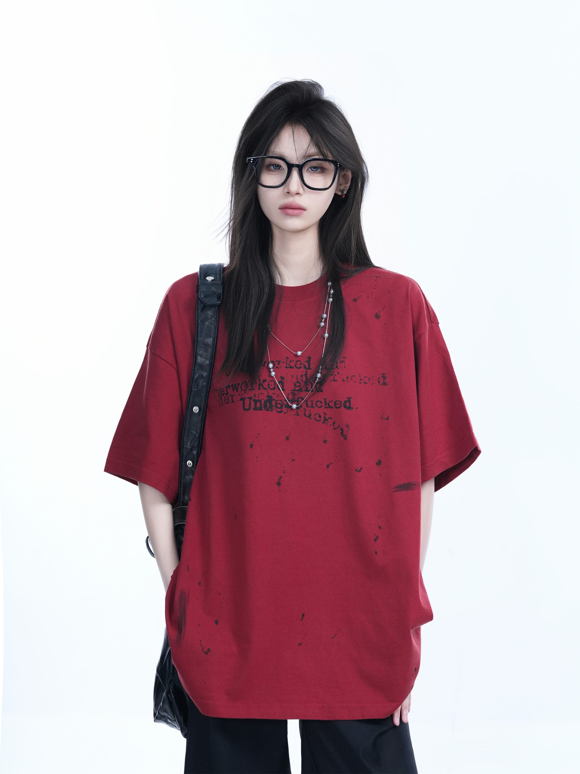 Red Ink Splash Design Short-Sleeve T-Shirt for Women - Trendy Summer Heavyweight Loose Fit, Casual Style Red Ink Splash Design Short-Sleeve T-Shirt for Women - Trendy Summer Heavyweight Loose Fit, Casual Style