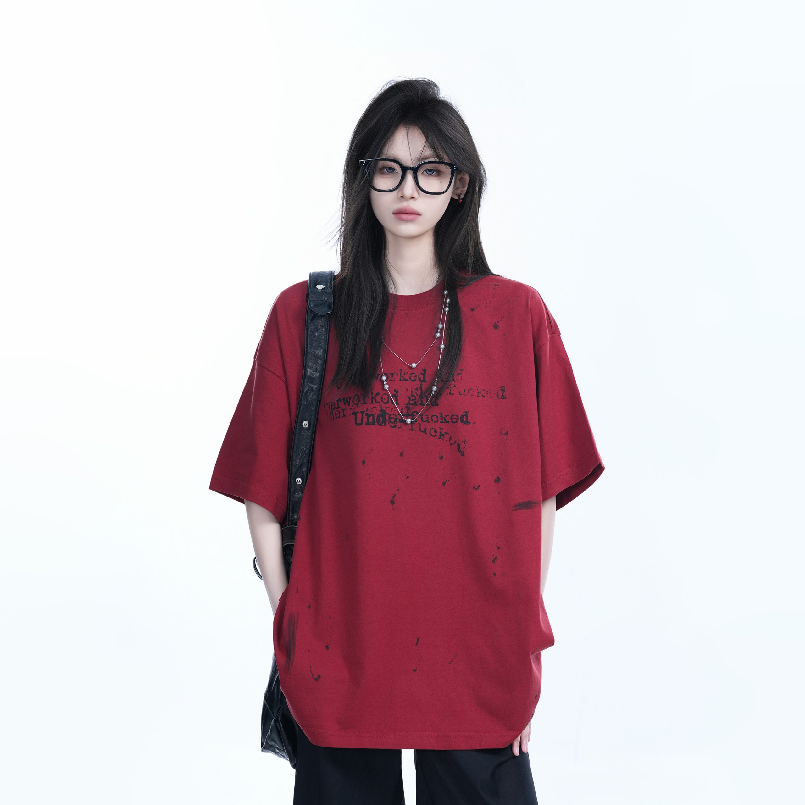 Red Ink Splash Design Short-Sleeve T-Shirt for Women - Trendy Summer Heavyweight Loose Fit, Casual Style Red Ink Splash Design Short-Sleeve T-Shirt for Women - Trendy Summer Heavyweight Loose Fit, Casual Style