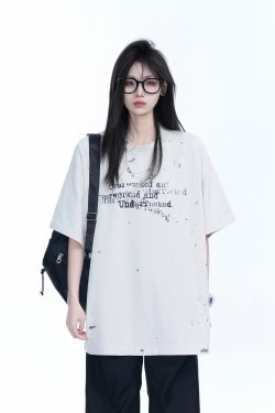 Red Ink Splash Design Short-Sleeve T-Shirt for Women - Trendy Summer Heavyweight Loose Fit, Casual Style