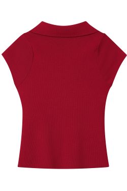 Red Knitted Short-Sleeve Polo Top with Flutter Sleeves, Stylish Women's Fitted Blouse for Casual or Dressy Looks