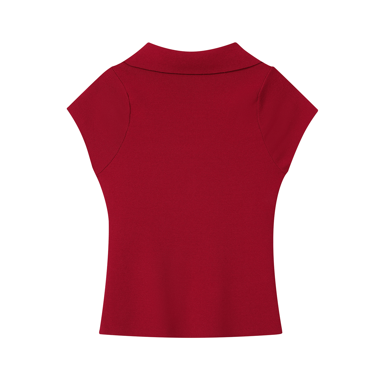 Red Knitted Short-Sleeve Polo Top with Flutter Sleeves, Stylish Women's Fitted Blouse for Casual or Dressy Looks Red Knitted Short-Sleeve Polo Top with Flutter Sleeves, Stylish Women's Fitted Blouse for Casual or Dressy Looks