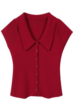 Red Knitted Short-Sleeve Polo Top with Flutter Sleeves, Stylish Women's Fitted Blouse for Casual or Dressy Looks
