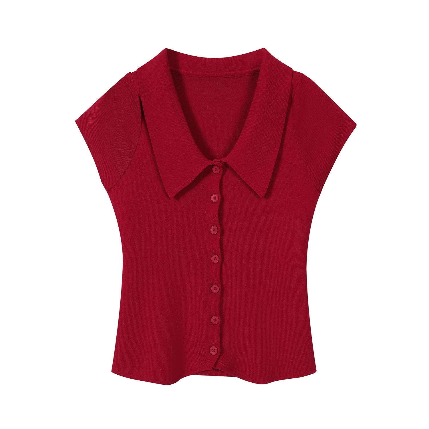 Red Knitted Short-Sleeve Polo Top with Flutter Sleeves, Stylish Women's Fitted Blouse for Casual or Dressy Looks Red Knitted Short-Sleeve Polo Top with Flutter Sleeves, Stylish Women's Fitted Blouse for Casual or Dressy Looks