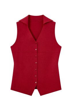 Red Knitted Vest Top for Women - 2025 Summer Polo Collar Sleeveless T-Shirt Blouse, Trendy Korean Style Fashion