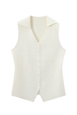 Red Knitted Vest Top for Women - 2025 Summer Polo Collar Sleeveless T-Shirt Blouse, Trendy Korean Style Fashion