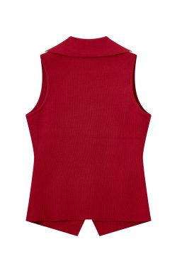 Red Knitted Vest Top for Women - 2025 Summer Polo Collar Sleeveless T-Shirt Blouse, Trendy Korean Style Fashion