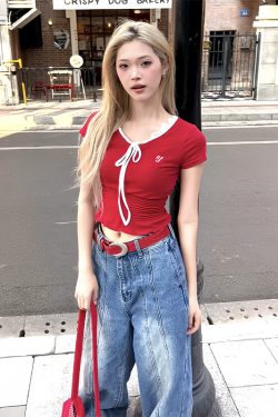 Red Lace V-Neck Short Sleeve Slim Fit Cropped T-Shirt for Summer - Unique Design for Spicy Girl Style