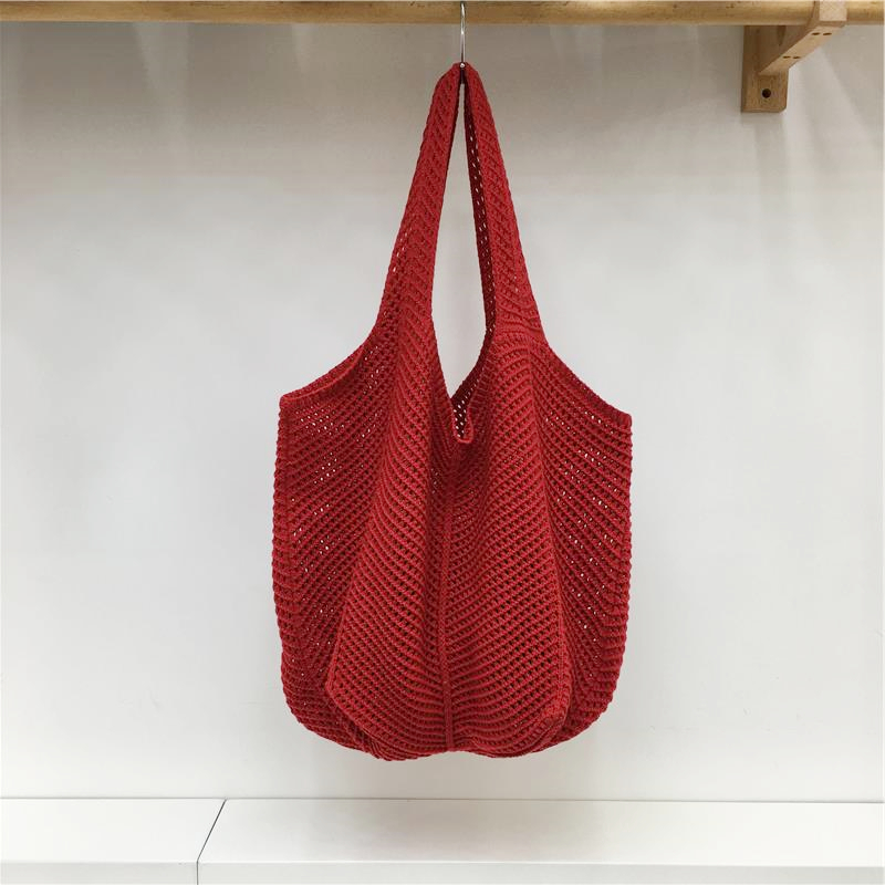 Red Large Hollow Woven Shoulder Bag - Casual Lazy Style, Handmade Korean Version 2025 Red Large Hollow Woven Shoulder Bag - Casual Lazy Style, Handmade Korean Version 2025