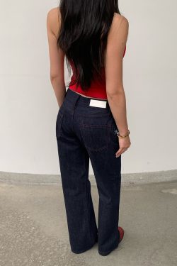 Red Non-Fading Denim Slim Leg Mid-Low Waist Straight Leg Jeans for Women - Vintage Casual Style