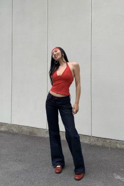 Red Non-Fading Denim Slim Leg Mid-Low Waist Straight Leg Jeans for Women - Vintage Casual Style