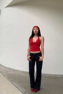 Red Non-Fading Denim Slim Leg Mid-Low Waist Straight Leg Jeans for Women - Vintage Casual Style