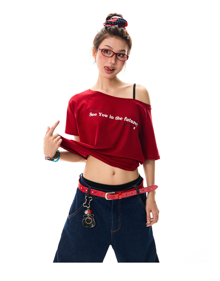 Red Off-Shoulder Short Sleeve T-Shirt for Women - Casual Spicy Girl Top, Versatile Summer 2025 Fashion, Y2K Style Red Off-Shoulder Short Sleeve T-Shirt for Women - Casual Spicy Girl Top, Versatile Summer 2025 Fashion, Y2K Style