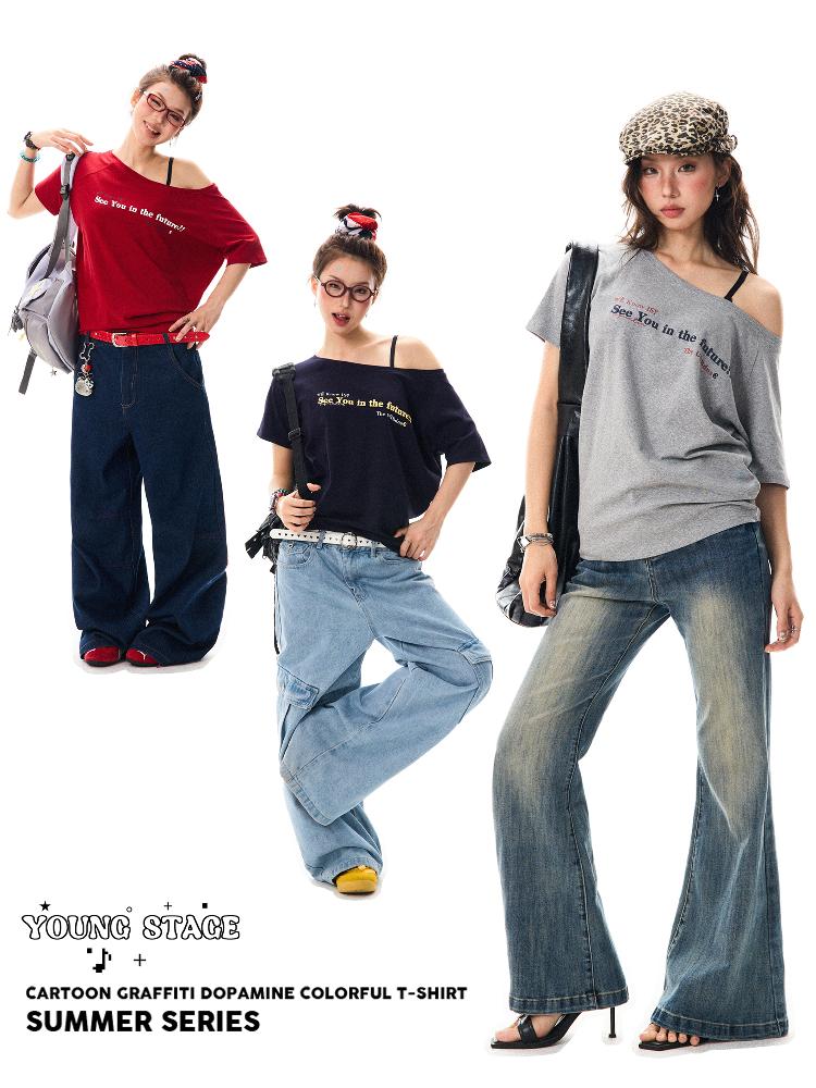 Red Off-Shoulder Short Sleeve T-Shirt for Women - Casual Spicy Girl Top, Versatile Summer 2025 Fashion, Y2K Style Red Off-Shoulder Short Sleeve T-Shirt for Women - Casual Spicy Girl Top, Versatile Summer 2025 Fashion, Y2K Style