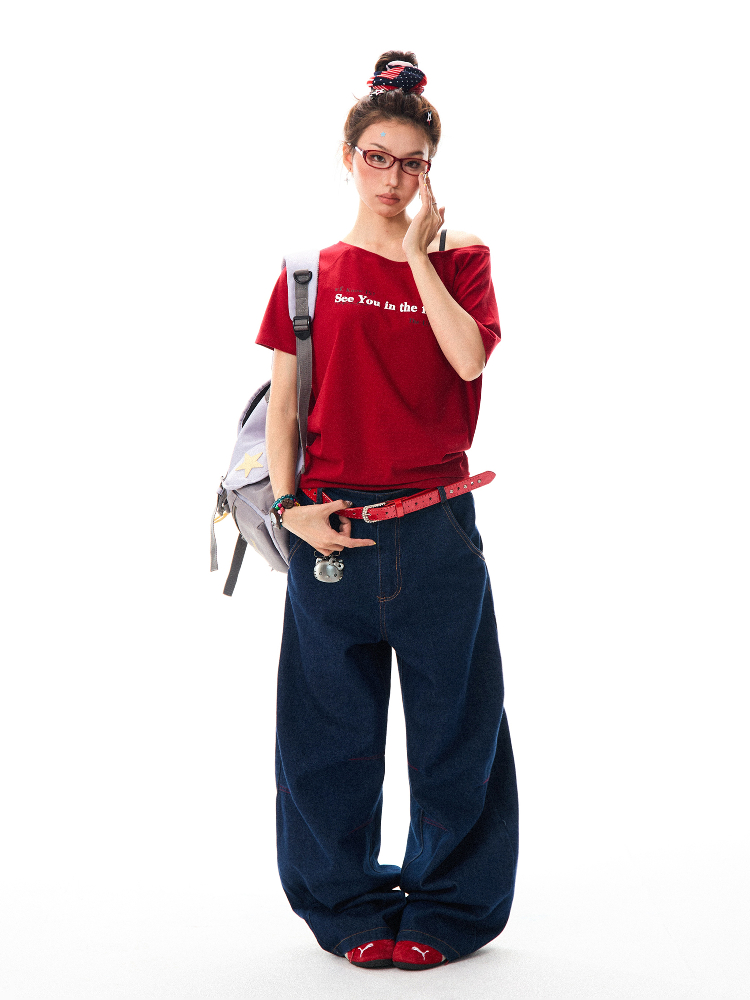 Red Off-Shoulder Short Sleeve T-Shirt for Women - Casual Spicy Girl Top, Versatile Summer 2025 Fashion, Y2K Style Red Off-Shoulder Short Sleeve T-Shirt for Women - Casual Spicy Girl Top, Versatile Summer 2025 Fashion, Y2K Style