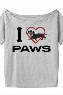 Red Off-Shoulder Short Sleeve Women's Summer T-Shirt with Sausage Dog Print - Casual Loose Fit Sexy American Style Top