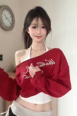 Red Off-Shoulder Sweatshirt Set for Women, Rhinestone Letter Detail, Long Sleeve, Loose Fit, Spring Fashion, Trendy Two-Piece Outfit
