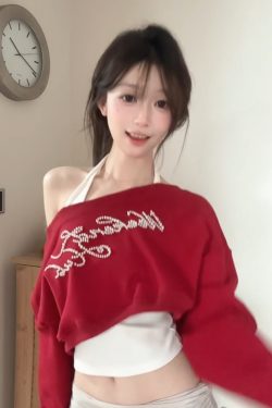 Red Off-Shoulder Sweatshirt Set for Women, Rhinestone Letter Detail, Long Sleeve, Loose Fit, Spring Fashion, Trendy Two-Piece Outfit