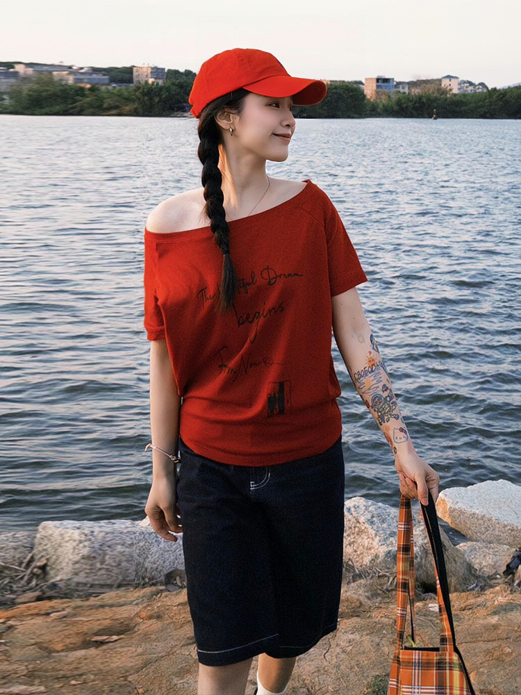 Red One-Shoulder Short Sleeve Women's Summer Letter Print Casual T-Shirt - Stylish Slanted Shoulder Top for Hot Girl Vibes Red One-Shoulder Short Sleeve Women's Summer Letter Print Casual T-Shirt - Stylish Slanted Shoulder Top for Hot Girl Vibes