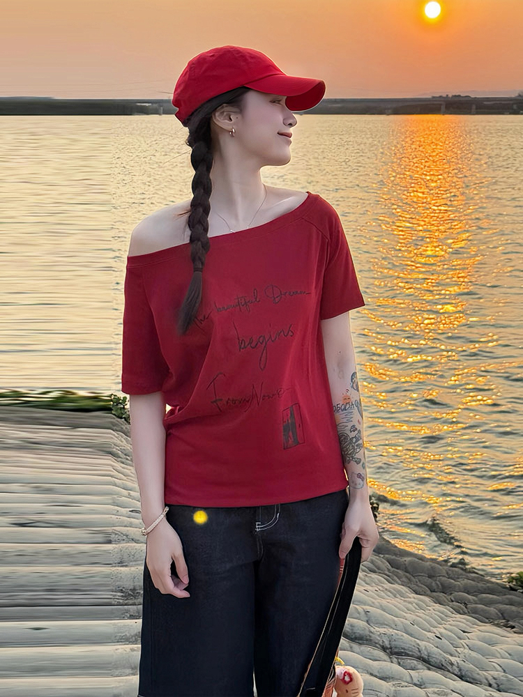 Red One-Shoulder Short Sleeve Women's Summer Letter Print Casual T-Shirt - Stylish Slanted Shoulder Top for Hot Girl Vibes Red One-Shoulder Short Sleeve Women's Summer Letter Print Casual T-Shirt - Stylish Slanted Shoulder Top for Hot Girl Vibes