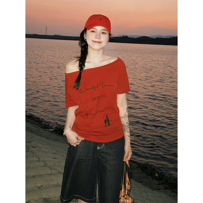 Red One-Shoulder Short Sleeve Women's Summer Letter Print Casual T-Shirt - Stylish Slanted Shoulder Top for Hot Girl Vibes Red One-Shoulder Short Sleeve Women's Summer Letter Print Casual T-Shirt - Stylish Slanted Shoulder Top for Hot Girl Vibes