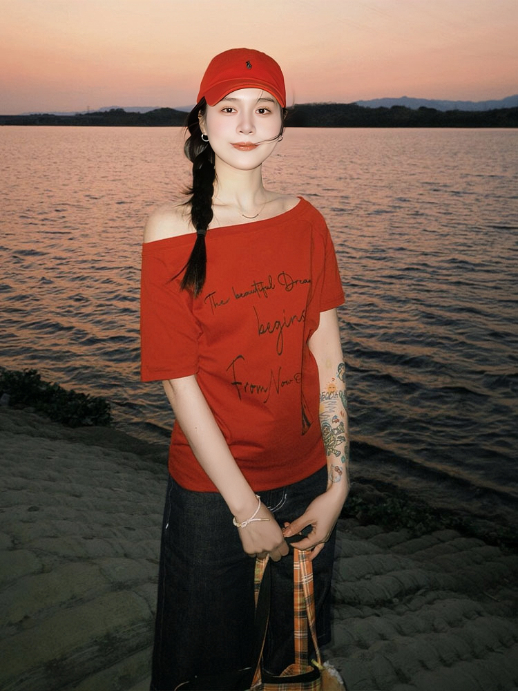 Red One-Shoulder Short Sleeve Women's Summer Letter Print Casual T-Shirt - Stylish Slanted Shoulder Top for Hot Girl Vibes Red One-Shoulder Short Sleeve Women's Summer Letter Print Casual T-Shirt - Stylish Slanted Shoulder Top for Hot Girl Vibes