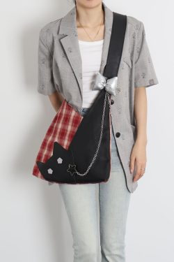 Red Plaid Crossbody Bag - Y2K Cat Underarm Bag for Spring/Summer Fashion