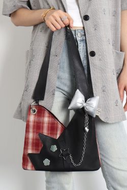 Red Plaid Crossbody Bag - Y2K Cat Underarm Bag for Spring/Summer Fashion