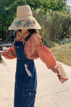 Red Plaid Floral Off-Shoulder Shirt Women's Summer Loose Long Sleeve Top - Vintage Style, 90s Inspired, Trendy Fashion Piece