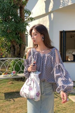 Red Plaid Floral Off-Shoulder Shirt Women's Summer Loose Long Sleeve Top - Vintage Style, 90s Inspired, Trendy Fashion Piece