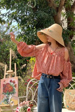 Red Plaid Floral Off-Shoulder Shirt Women's Summer Loose Long Sleeve Top - Vintage Style, 90s Inspired, Trendy Fashion Piece