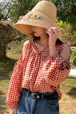 Red Plaid Floral Off-Shoulder Shirt Women's Summer Loose Long Sleeve Top - Vintage Style, 90s Inspired, Trendy Fashion Piece