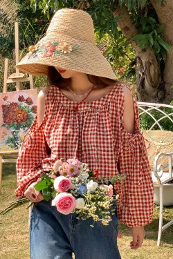 Red Plaid Floral Off-Shoulder Shirt Women's Summer Loose Long Sleeve Top - Vintage Style, 90s Inspired, Trendy Fashion Piece