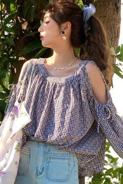 Red Plaid Floral Off-Shoulder Shirt Women's Summer Loose Long Sleeve Top - Vintage Style, 90s Inspired, Trendy Fashion Piece