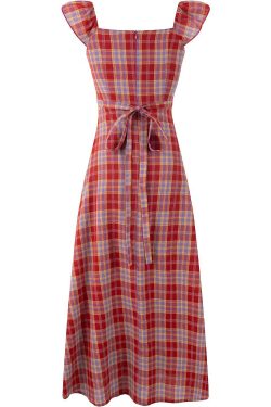 Red Plaid French V-Neck Summer Long Dress - 2025 New Arrival, Waist-Defining and Slimming, Perfect for Vacation Style