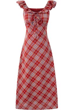 Red Plaid French V-Neck Summer Long Dress - 2025 New Arrival, Waist-Defining and Slimming, Perfect for Vacation Style