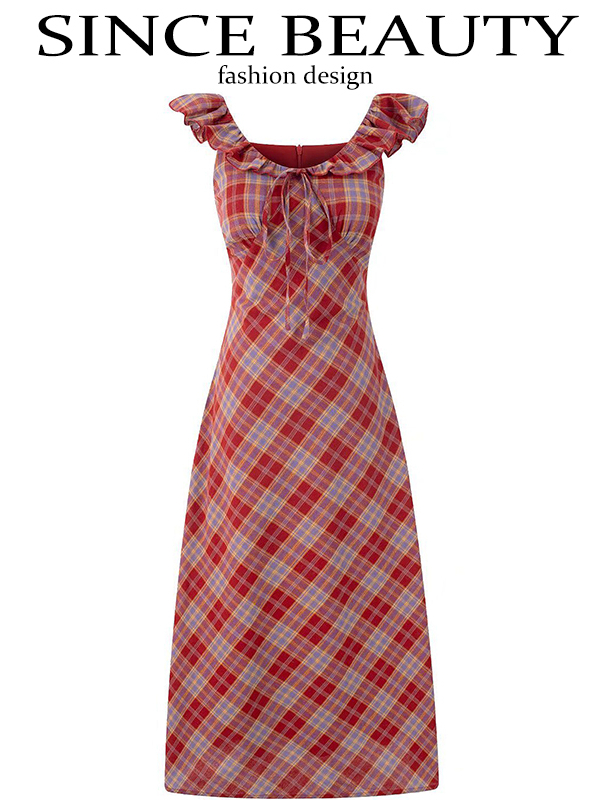Red Plaid French V-Neck Summer Long Dress - 2025 New Arrival, Waist-Defining and Slimming, Perfect for Vacation Style Red Plaid French V-Neck Summer Long Dress - 2025 New Arrival, Waist-Defining and Slimming, Perfect for Vacation Style