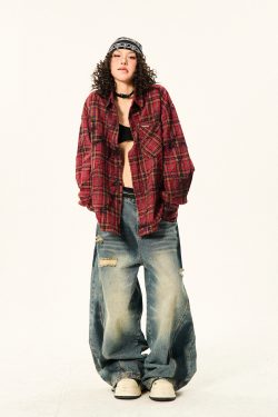 Red Plaid Loose Long Sleeve Shirt for Women - American Vintage Style for Early Autumn, 90s Inspired Fashion
