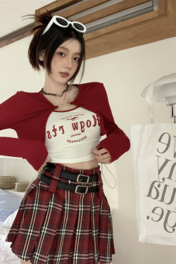 Red Plaid Pleated A-Line Skirt for Women, American Retro College Style, Slimming Anti-Exposure JK Short Skirt, Y2K Fashion