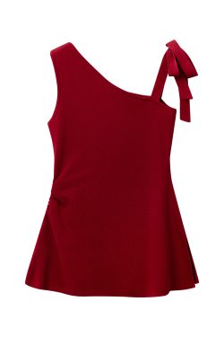 Red Pleated Waist-Cinching Sleeveless Tie Top Women's Summer Blouse - Floral Island Rose Style, Perfect for Y2K and Korean Fashion