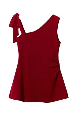 Red Pleated Waist-Cinching Sleeveless Tie Top Women's Summer Blouse - Floral Island Rose Style, Perfect for Y2K and Korean Fashion