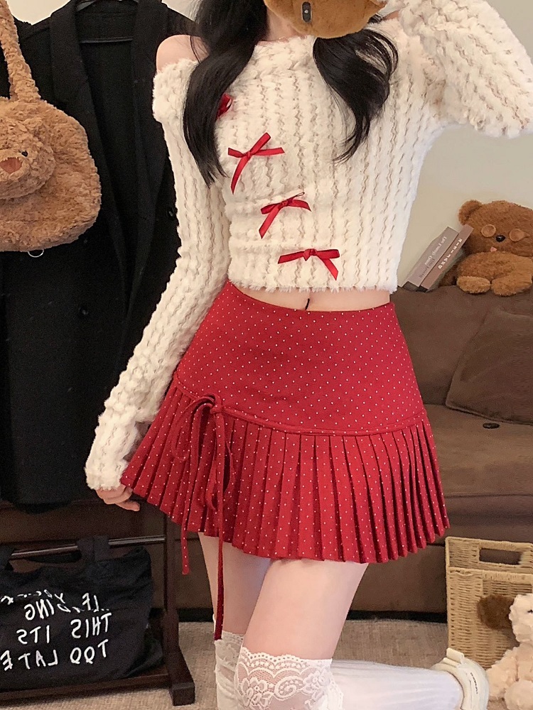 Red Polka Dot Pleated High-Waisted A-Line Skirt for Women - Spring Summer Fashion for Petite Figures Red Polka Dot Pleated High-Waisted A-Line Skirt for Women - Spring Summer Fashion for Petite Figures