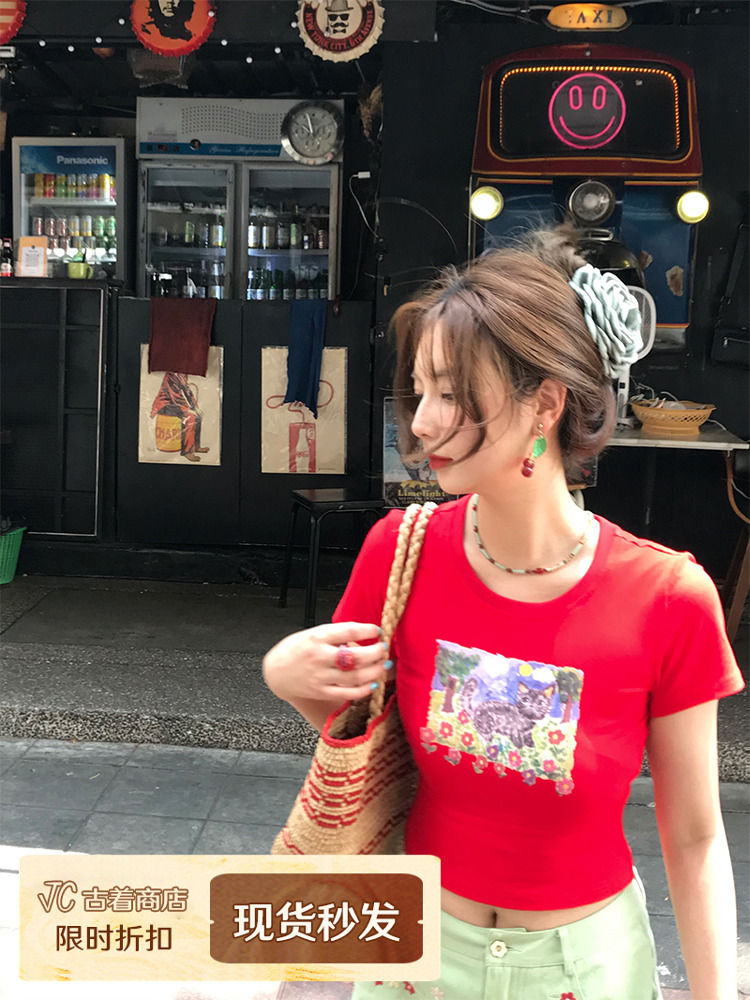 Red Printed Short Sleeve T-Shirt for Women - Vintage Summer Slim Fit Round Neck Top - Y2K Fashion Style Red Printed Short Sleeve T-Shirt for Women - Vintage Summer Slim Fit Round Neck Top - Y2K Fashion Style