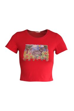 Red Printed Short Sleeve T-Shirt for Women - Vintage Summer Slim Fit Round Neck Top - Y2K Fashion Style
